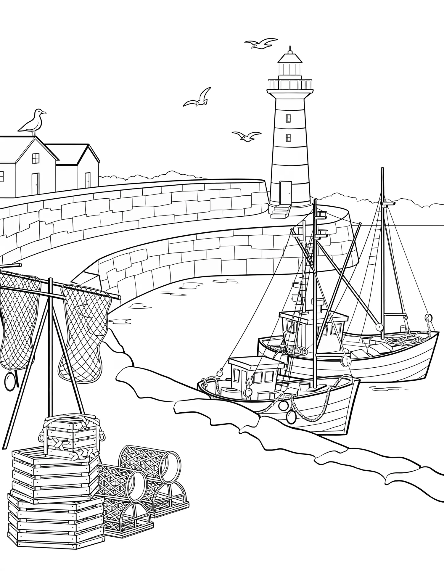 Port de Pêche avec Phare — Coloriage architecture à imprimer gratuitement